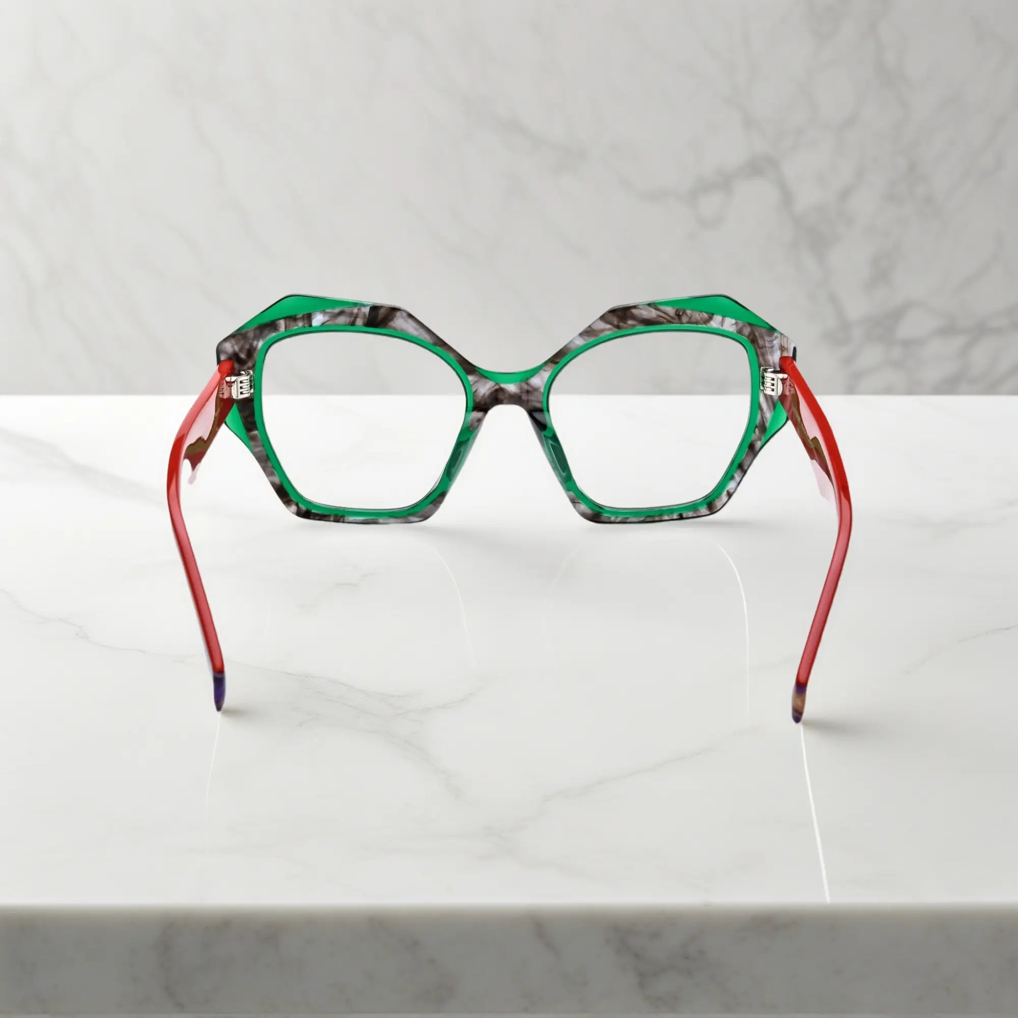 Rear view of Crimson Jade eyeglasses with color-blocked styling and durable acetate build.